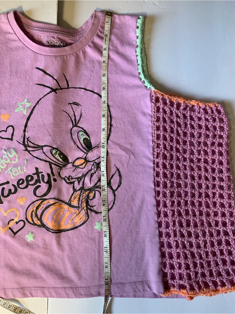 Upcycled Looney Tunes Tweety Bird Graphic Tank Top With Crochet - Picture 7 of 8